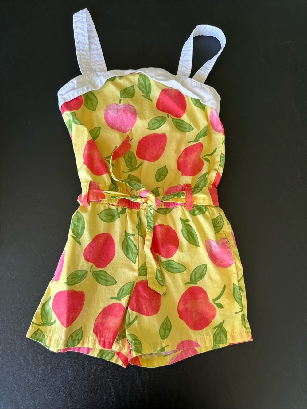 Girls Yellow Apple-Print Romper with White Trim